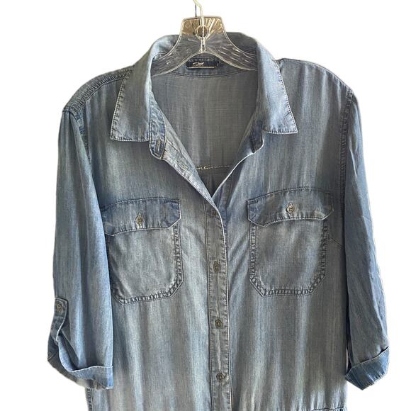 SILVER M Chambray Romper Drawstring Waist Roll Tab Sleeves Button Front Lyocell - Picture 2 of 10